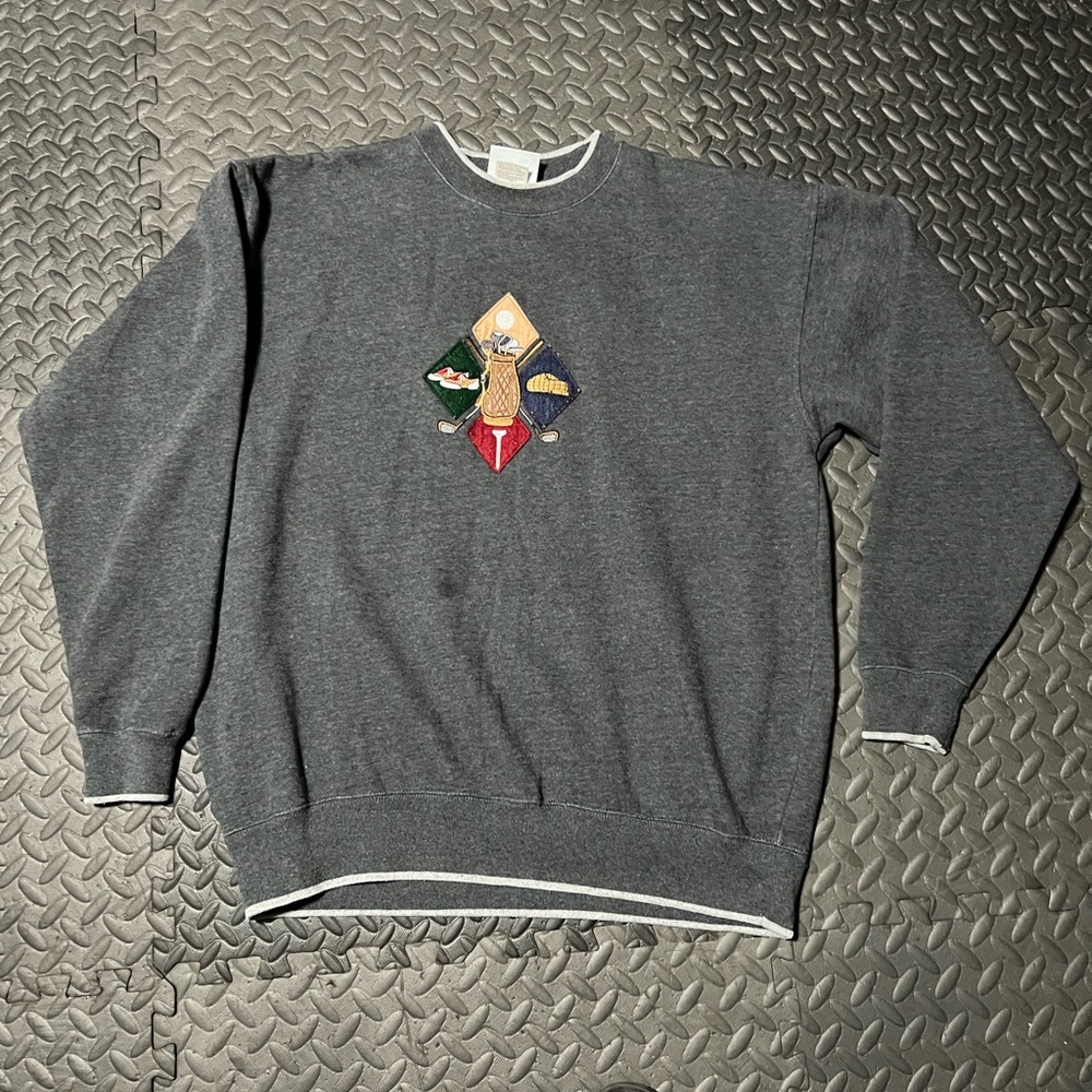 Gray Crewneck Sweater with Decorative Chest Design